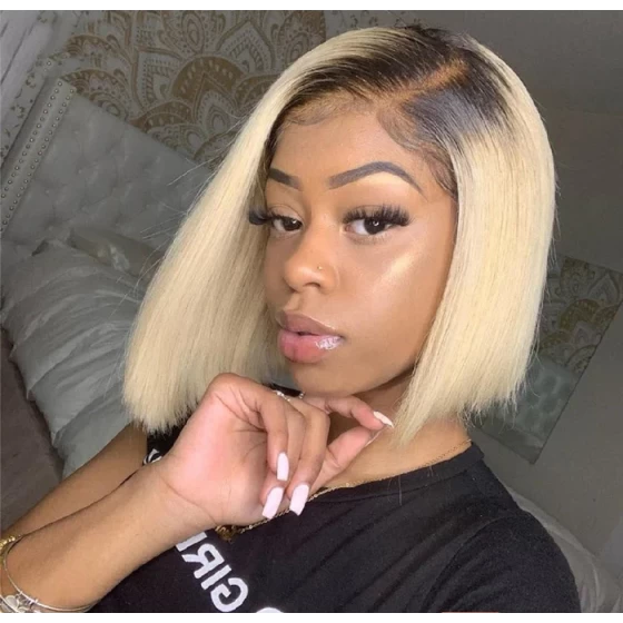 Blonde Bob Closure Wig Pre Plucked Straight Dark Roots Honey Blonde 1B 613 Short Bob Wigs